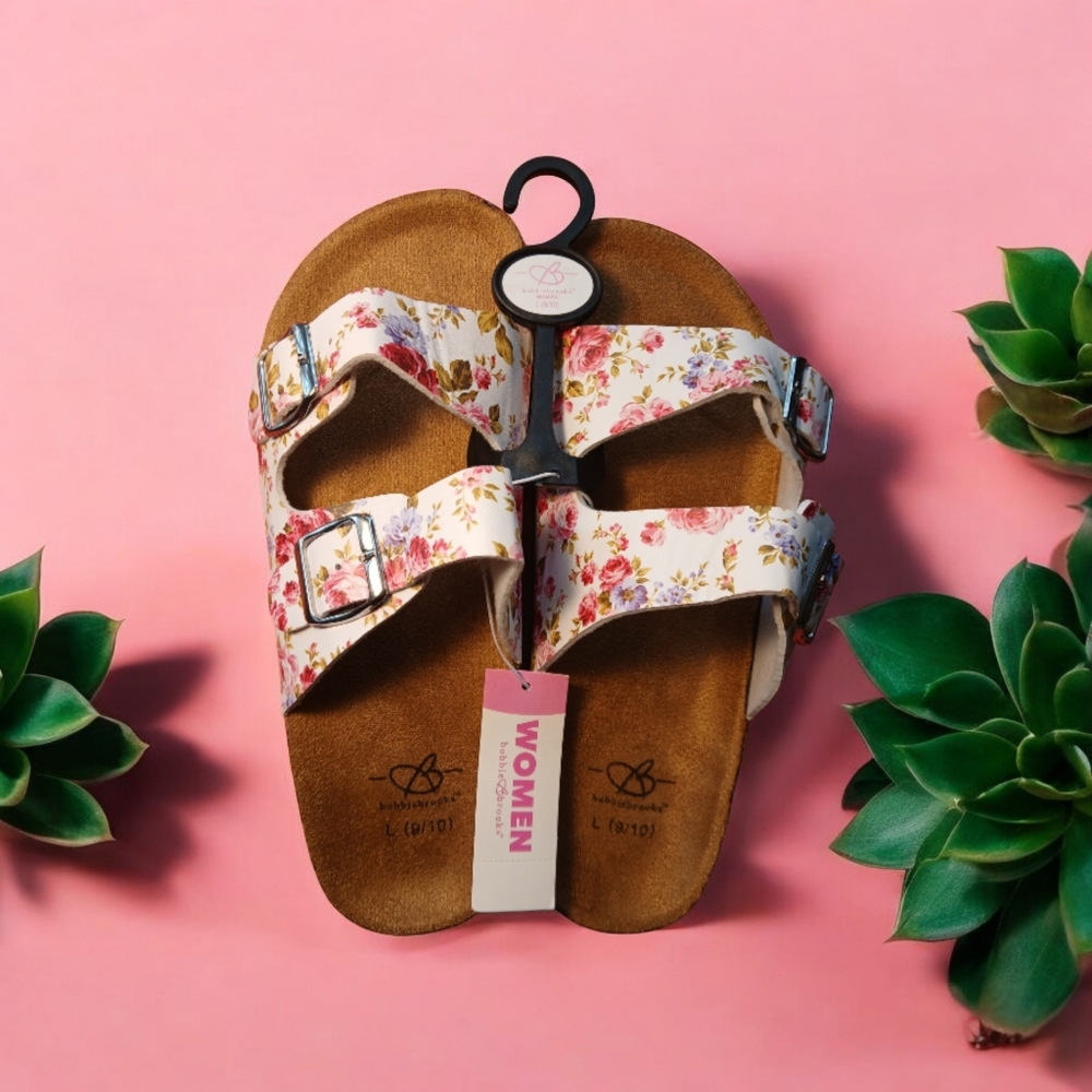White and Pink Floral Sandals with Comfortable Footbed and Sturdy Sole